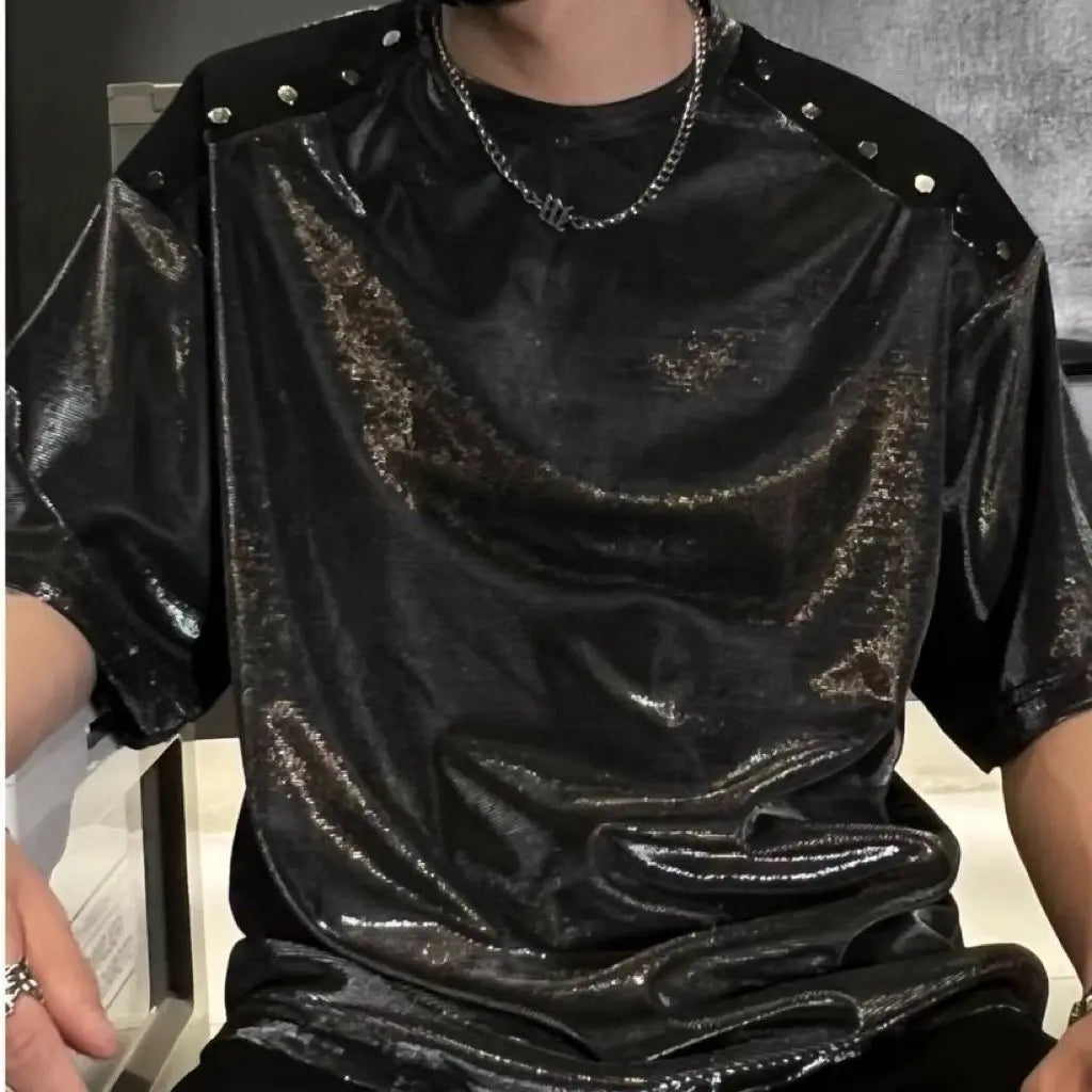 Bonsir Summer Pearlescent Metal Rivets Reflective Short-sleeved T-shirt Fashionable Loose Casual High Street Niche Tops Male Clothes