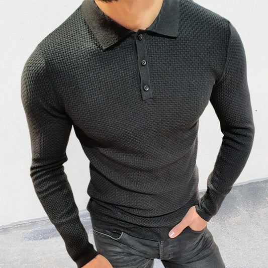 sanyamk Fall Men Polo Shirts Knitted Slim Elastic Long Sleeve Tops Vintage Solid Color Turn-down Collar Buttoned Pullover Men's T-Shirt