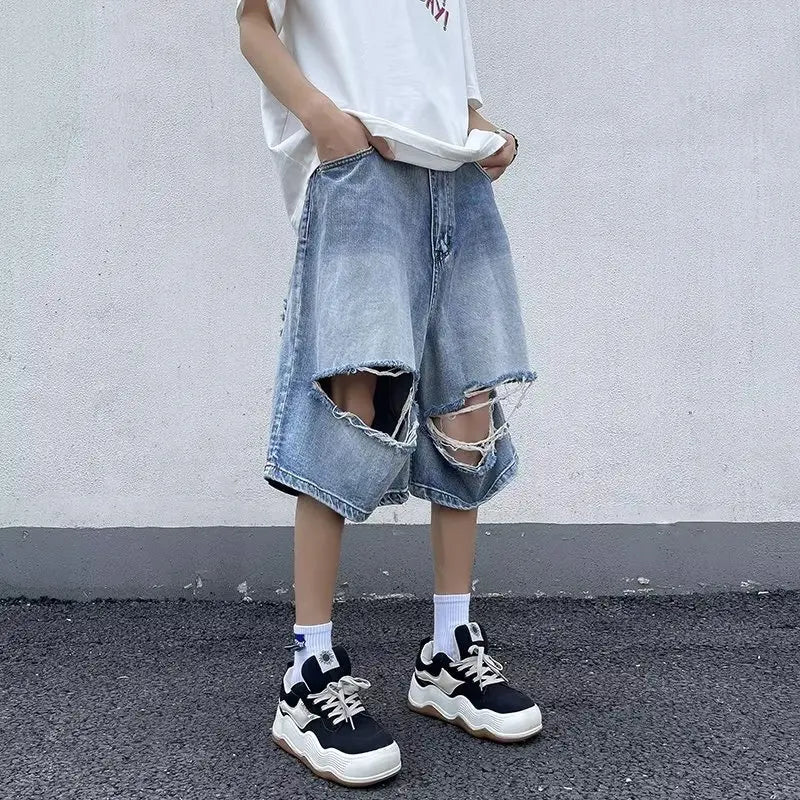 sanyamk Denim Shorts Men Hole Summer Gradient Color American Style High Street Students All-match Daily Breathable Fashion Trousers Chic