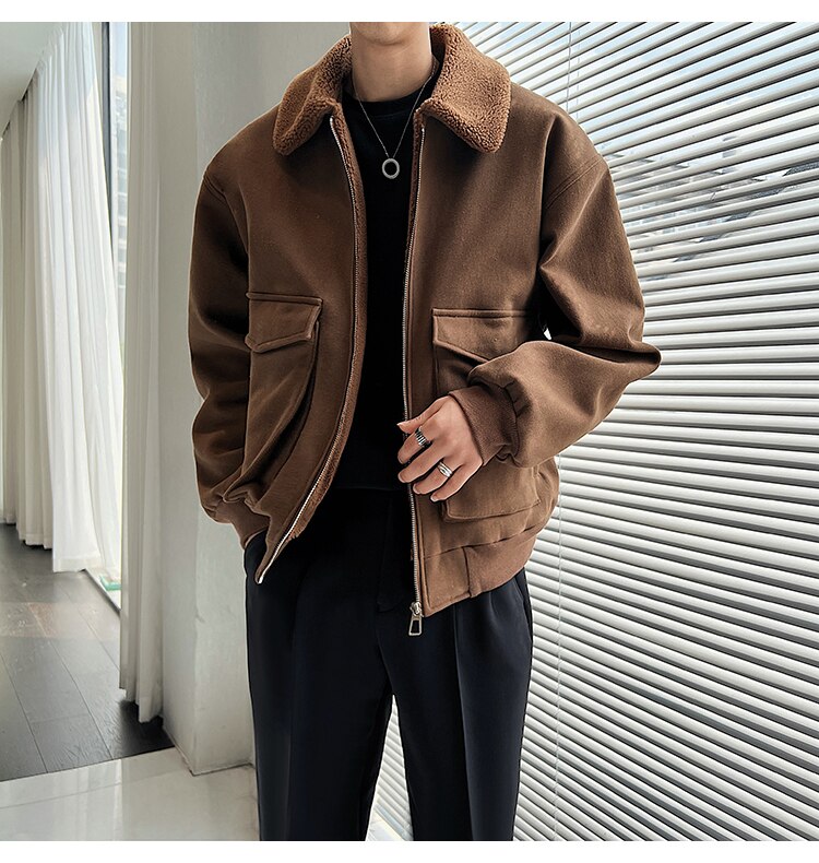 sanyamk Winter Men Lamb Fur Inner Fashion Loose Casual Vintage Short Cargo Jacket Male Japan Korean Streetwear Coat Outerwear