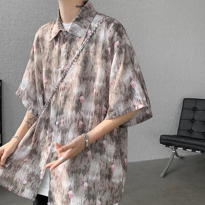 sanyamk Men Ice Silk Smooth Shirt Spring Summer Thin Luxury Loose Korean Casual Shirt Beach Trendy Floral Draping Shirts Plus Size 5XL-M