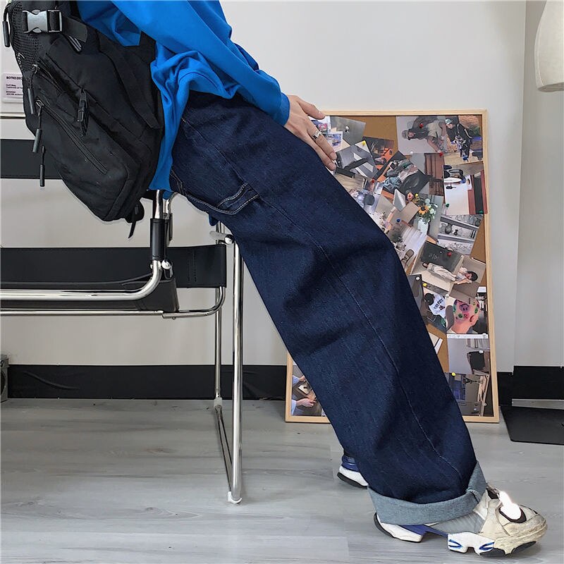 Bonsir Blue Baggy Jeans Men Fashion Casual Wide Leg Jeans Men Streetwear Korean Loose Hip Hop Straight Denim Pants Mens Trousers S-XL