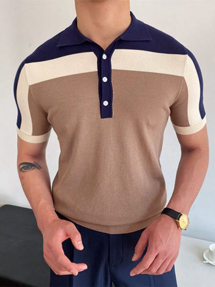 sanyamk Fashion Patchwork Men Polo Shirts Knitted Short Sleeve Slim Tops Pullover Spring Summer Men's Casual Turndown Collar Polos