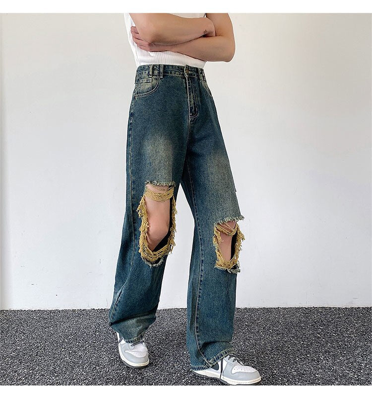 sanyamk Summer Men's Worn Out Jeans Vintage Distressed Hole Wide Leg Denim Straight Pants Korean Personality Casual Srteet