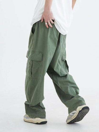 sanyamk Men's Japanese Style Retro Trousers Multi Pocket Overalls Streetwear Hip Hop Loose Straight Pants Oversized Casual Pants