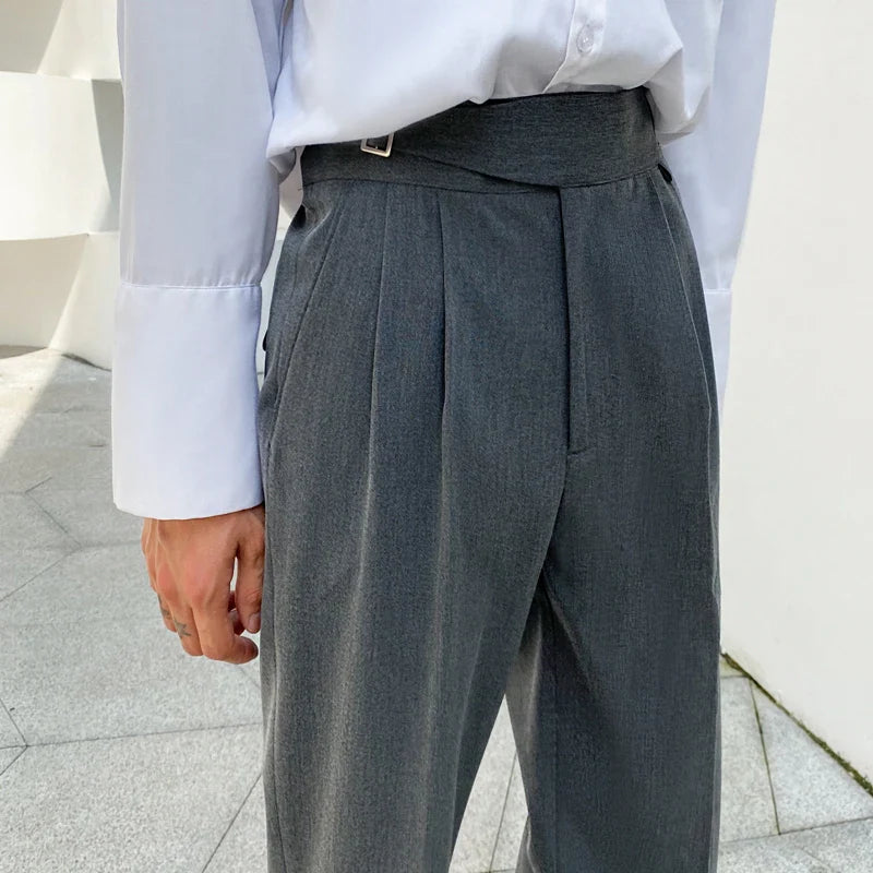 sanyamk  -  Korean Belt Suit Pants Men Fashion Solid Color Casual Dress Pants Men Loose Straight Trousers Mens Office Formal Trousers 28-34