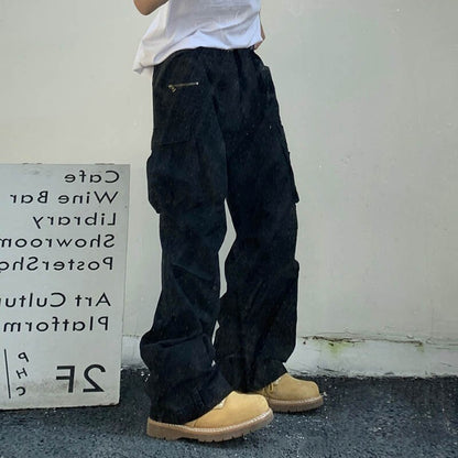 Bonsir Retro Multi-pockets Streetwear Wide Leg Casual Men's Cargo Pants Solid Color Straight Harajuku Hip Hop Loose Trousers Overalls