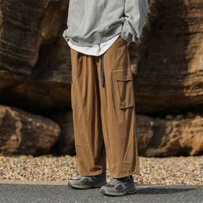 Bonsir Men's Loose Straight Wide Leg Pants Autumn Vintage Brown Cargo Pants Men Streetwear Casual Ankle-banded Trousers With Belt