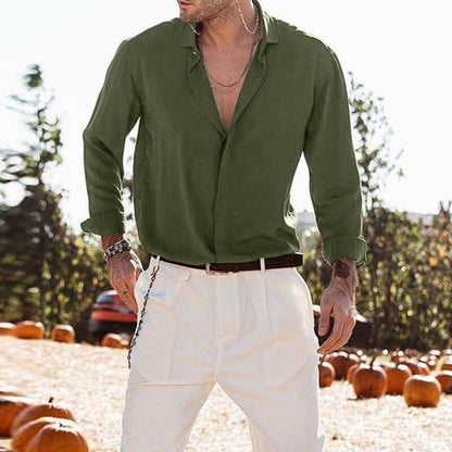 Bonsir Autumn Vintage Long Sleeve Solid Shirts Men Casual Button-down Cotton Linen Lapel Top Cardigan For Mens Fashion Loose Shirt