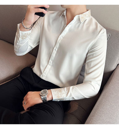 Bonsir Fall Black Gold Court Embroidery Pattern Shirt For Men Long Sleeve Court Casual Business Dress Shirt Social Party Camisa Hombre