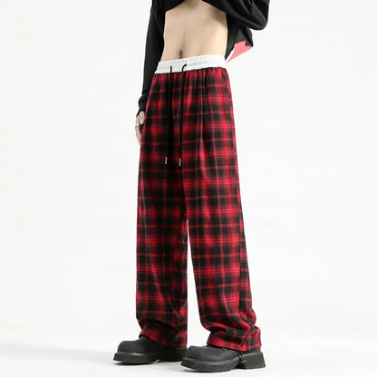 sanyamk Autumn Winter Men's Plaid Pants Contrast Color Wide Leg Casual Long Trousers Vintage Style Stylish Streetwear Checkered Pants