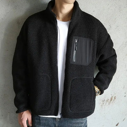 sanyamk Autumn and Winter Men's Lamb Fleece Coat with Thickened Fleece and Loose Collar Shake Fleece Versatile Cotton Coat Top