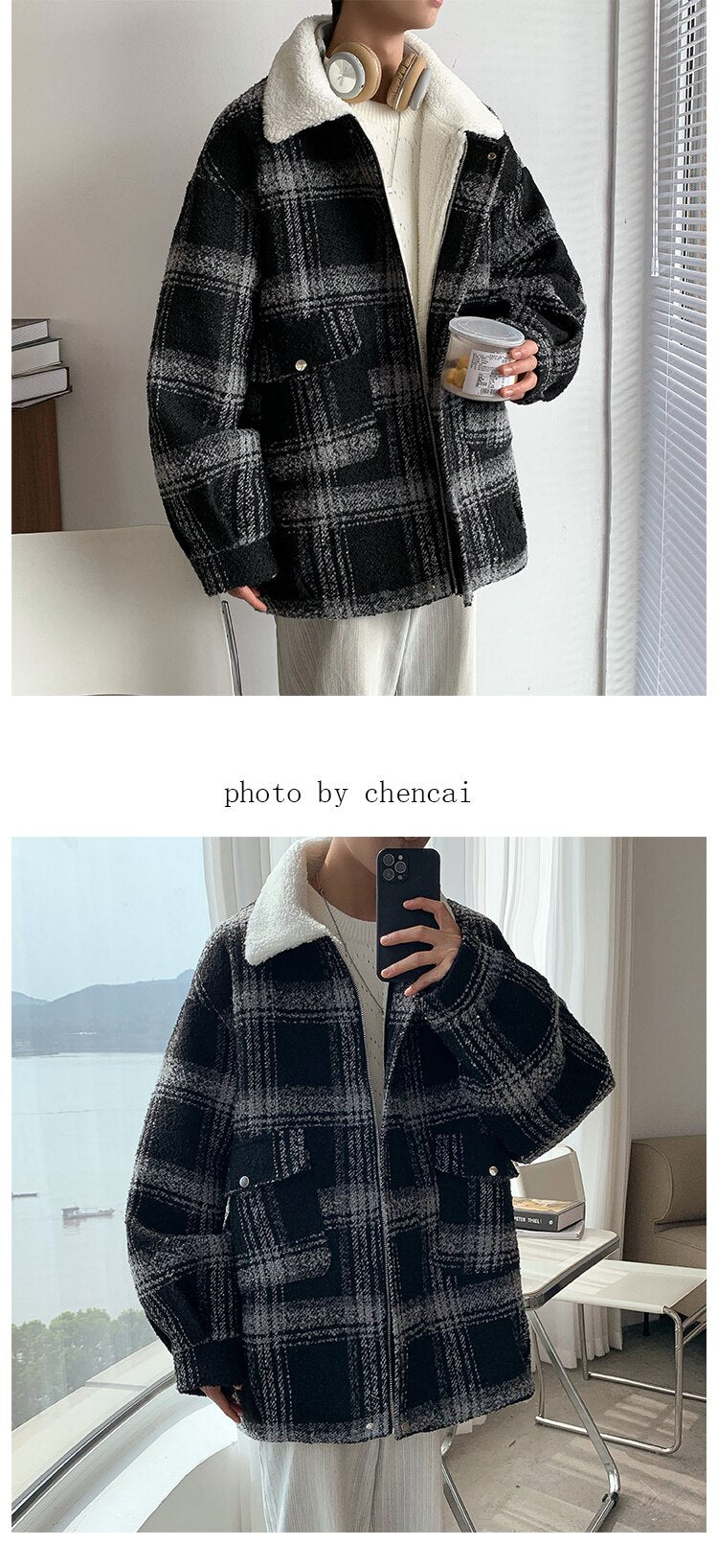 Bonsir Winter Jacket Men Warm Fashion Retro Casual Plaid Thickened Lamb Wool Jacket Men Streetwear Loose Short Coat Men Clothes S-2XL