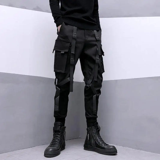 Bonsir Techwear Black Cargo Pants for Men Cargo Trousers Male Japanese Streetwear Hip Hop Spring Ribbon Pocket Harajuku Fashion