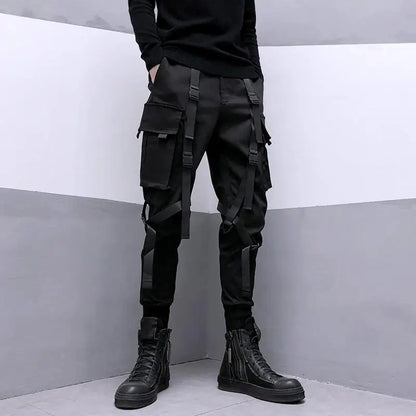 sanyamk Techwear Black Cargo Pants for Men Cargo Trousers Male Japanese Streetwear Hip Hop Spring Ribbon Pocket Harajuku Fashion