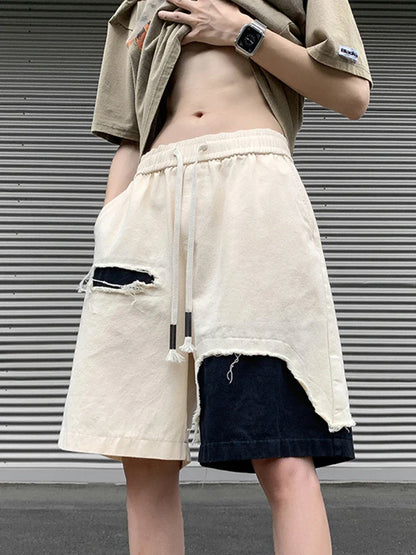 Bonsir Vintage Cargo Shorts Men Summer Leisure American Style Hole Contrast Color Knee Length Loose All-match Streetwear Simple Trendy