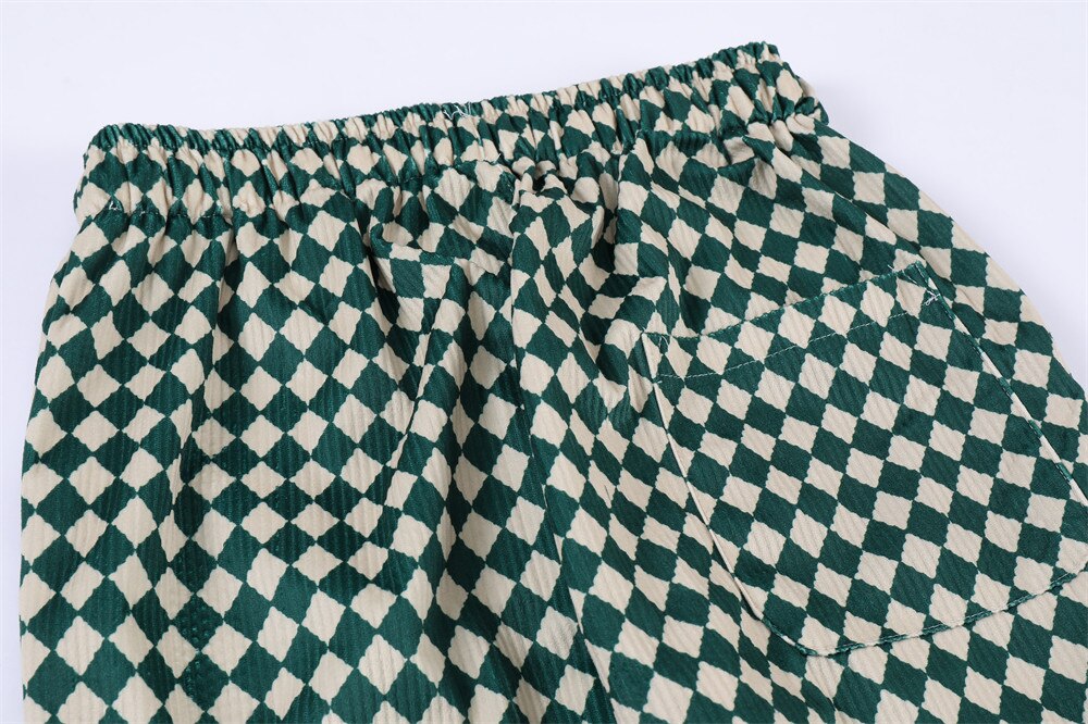 Bonsir Checkerboard Casual Pants Men's Street Tide Brand Elastic Waist Green Plaid Wide Leg Pants Drawstring Drape Sports Trousers