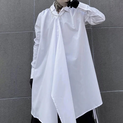 sanyamk Dark Abstinence Long Shirt Men's Simple Personality Strap Shirt Trendy Punk Solid Color Irregular High Street Cardigan Jacket