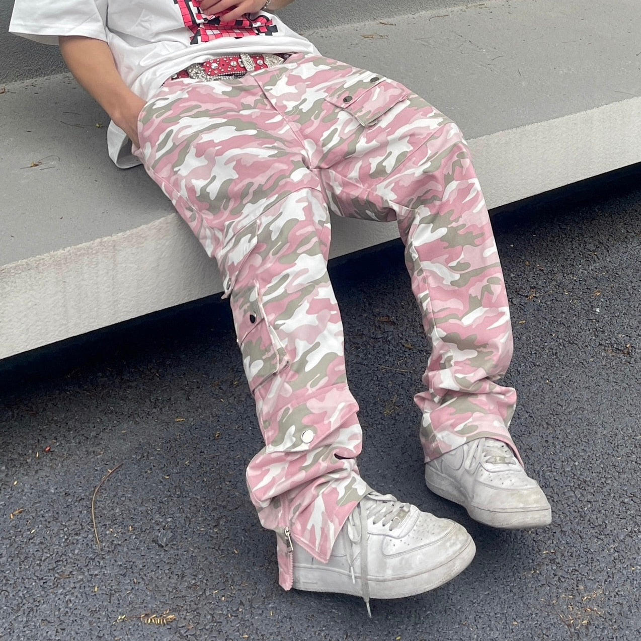 Bonsir Harajuku Camou Wide Cargo Pants Hiphop Zipper Multi-pocket Pink Camouflage Micro Flared Pants for Men Slim Women Clothing