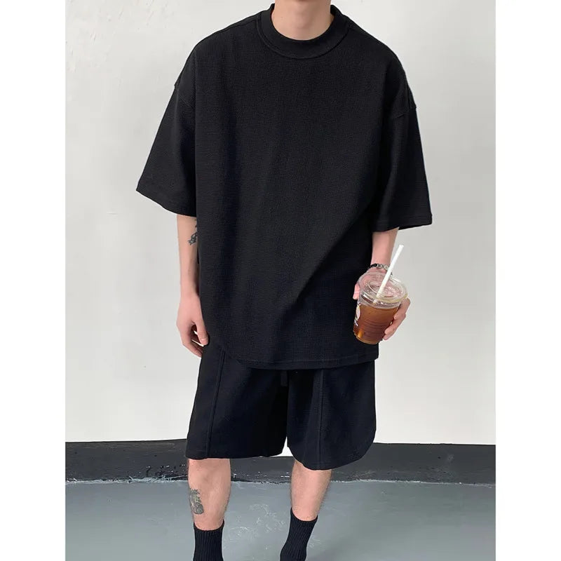 sanyamk  -  Summer Set Men Fashion Black Green Sports Set Men Streetwear Korean Loose Short Sleeved T-shirts Shorts Set Mens Short Sets