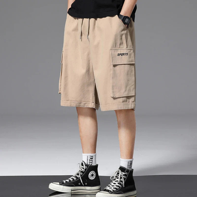 Bonsir Cargo Shorts Men High Street Solid Handsome Summer Knee-length Pockets All-match Drawstring American Style Male Oversize Daily