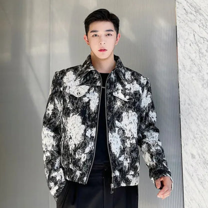 sanyamk Fashion Lapel Printed Elegant Casual Short Jacket Men's 2024 Spring Trendy High Quality Street Korean Luxury Coat