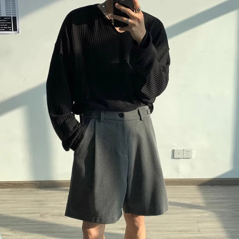 sanyamk Summer Suit Shorts Men Fashion Social Mens Dress Shorts Korean Loose Business Casual Shorts Mens Grey Black Office Formal Shorts