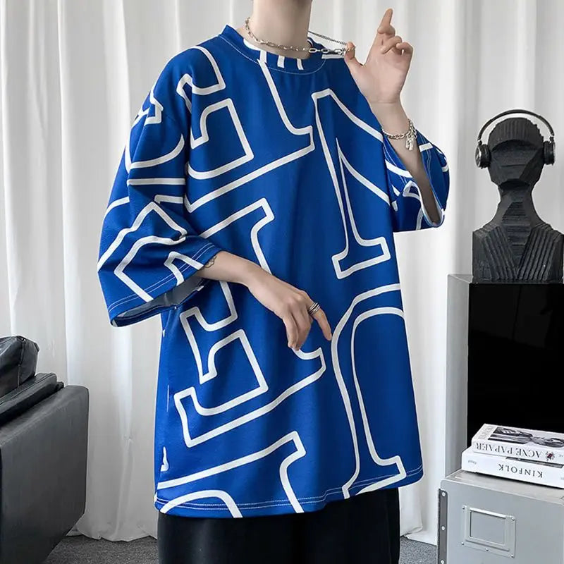 sanyamk Spring Summer Man Round Neck Men's Clothing Oversized Fashion Casual Geometric Pullovers Printing Short Sleeve Handsome T-Shirts