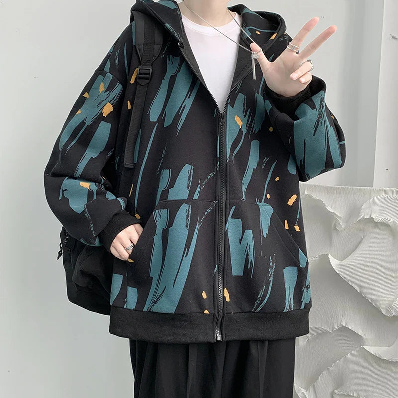 BONSIR  -  Men Korean Style Hoodies Vintage Printed Long Sleeve Oversized Hooded Sweatshirt Mens Casual Streetwear Hoodie Coats
