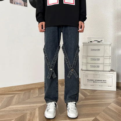 sanyamk American High Street Jeans for Men, Washed Straight-leg Trousers with Straps, Casual, Comfortable and Versatile Long Trousers