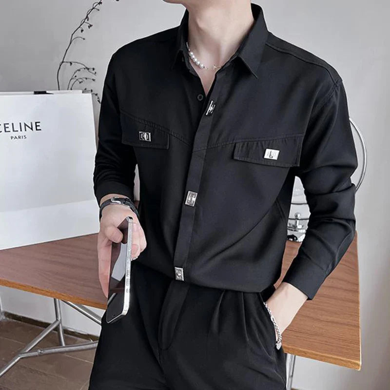 sanyamk Spring Autumn Polo-neck Solid Color Long Sleeve Shirt Male Black Casual Fashion Pants Set Men All-match Cardigan Blouse Trousers