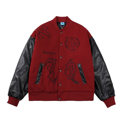 sanyamk Mens Hip Hop Baseball Jacket Letter Embroidery Leather Sleeve Patchwork Loose Outerwear Streetwear Vintage Bomber Jacket Male