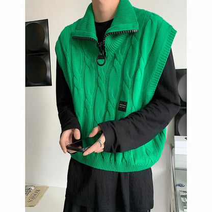 Bonsir Autumn Short Sweater Vest Men Fashion Casual Lapel Knit Pullover Men Korean Loose Zipper Sleeveless Sweater Mens Jumper Clothes
