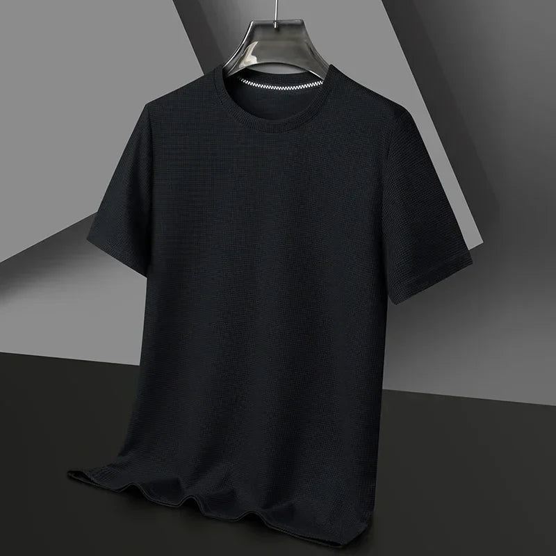 sanyamk 2024 Summer New Waffle Round Neck Short Sleeved Men T-shirt Minimalist Solid Color Male Top