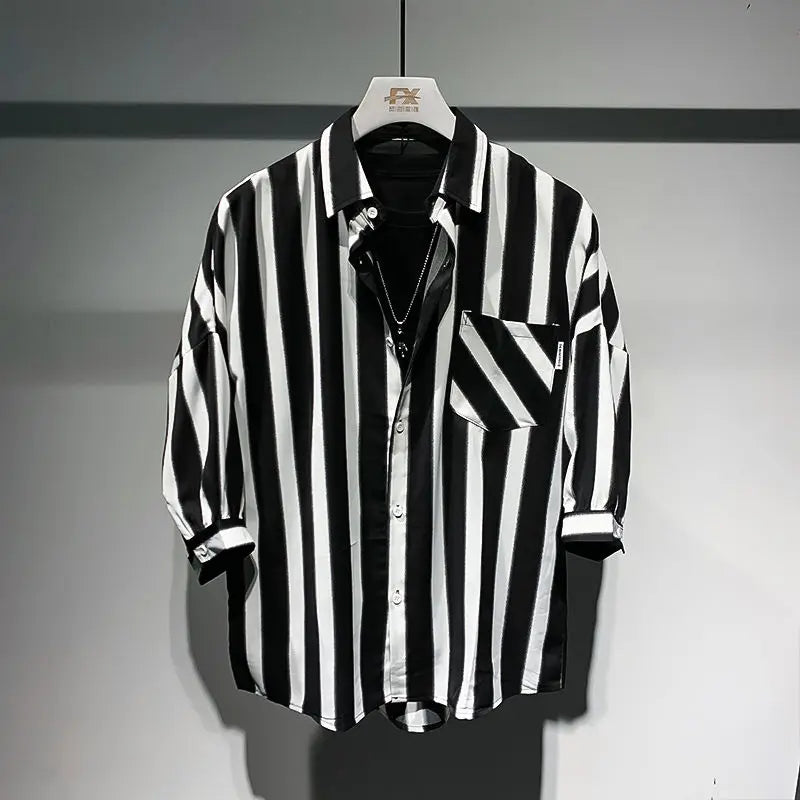 sanyamk 2024 New Summer Trend Fashion Retro Simple Loose Casual Oversize Lapel Black and White Striped Three Quarter Shirt for Men