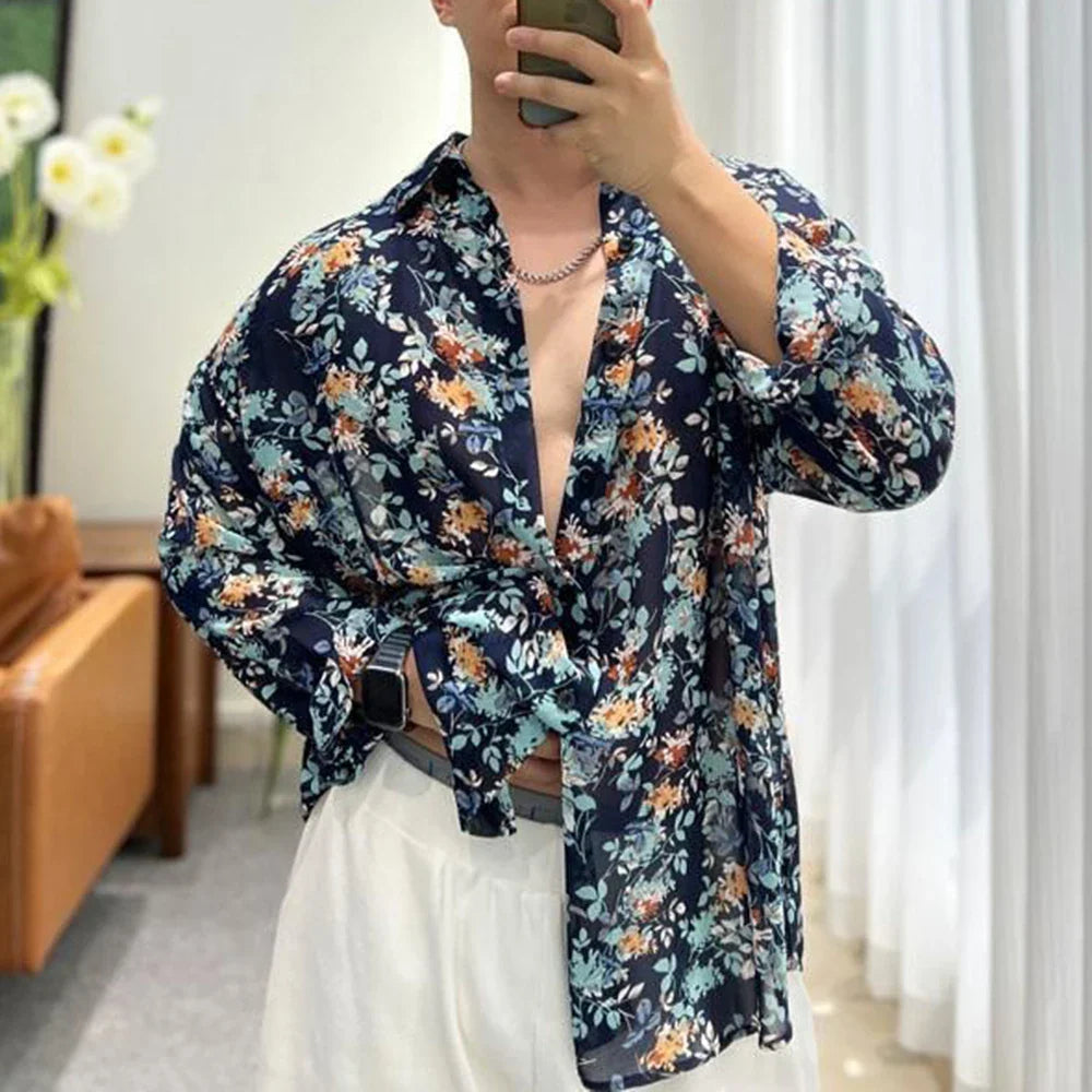 Bonsir Fashion Floral Shirt Summer New Thin See Through Shirts Outerwear Luxury Mens Clothing LGBT Casual Blouse Trendy Streetwear