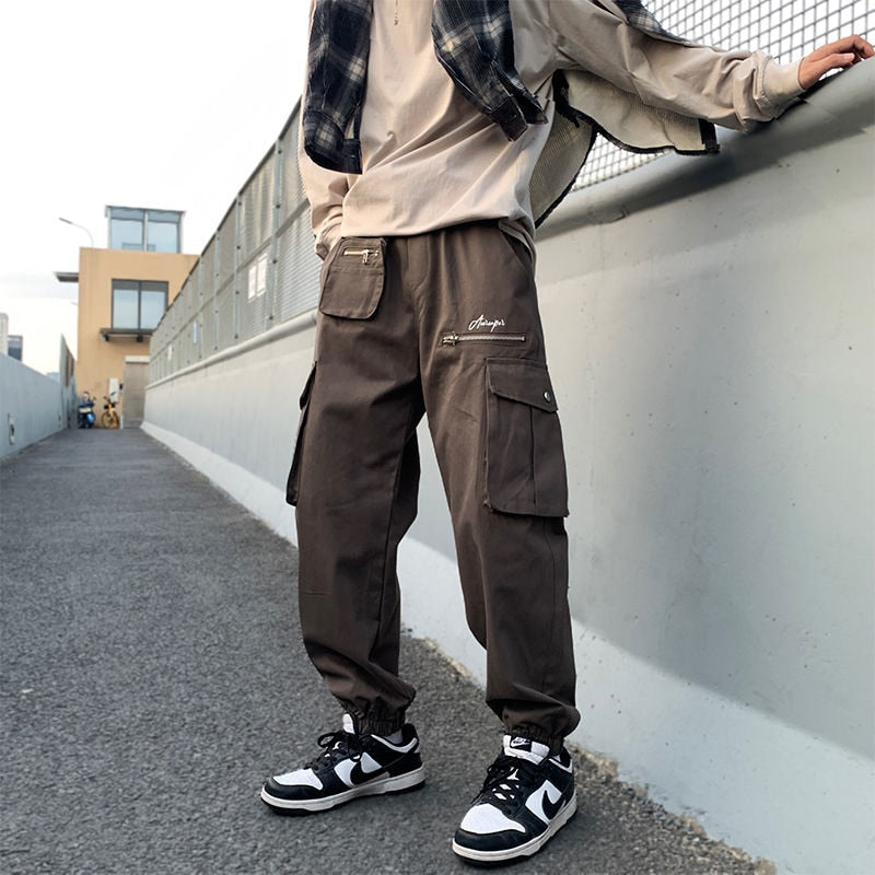 Bonsir High Street Men's Large Pocket Cargo Pants Fashion Design Elastic Waist Oversized Casual Pants Hip Hop Male Trousers