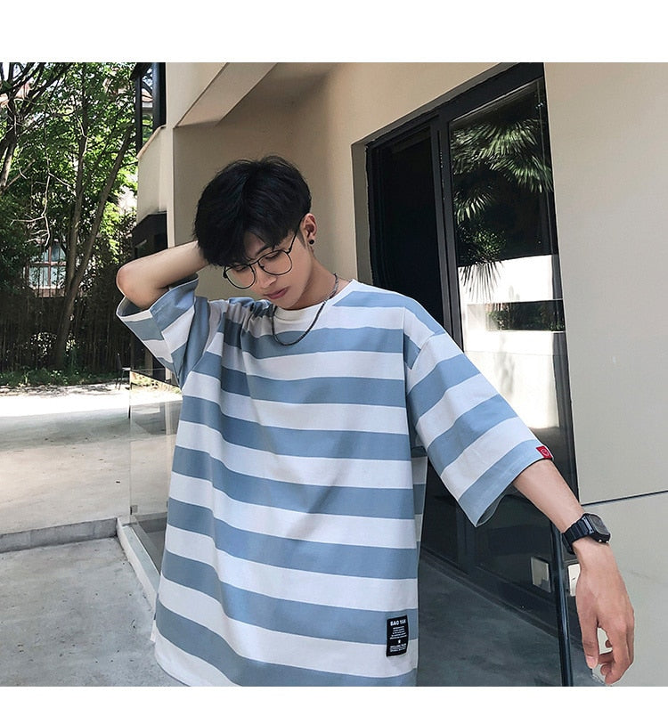 Bonsir New stripe Mens T Shirt Cotton  Summer  Male Oversized Tee Shirts 5XL Big Size Japanese Harajuku street Fashion Clothing