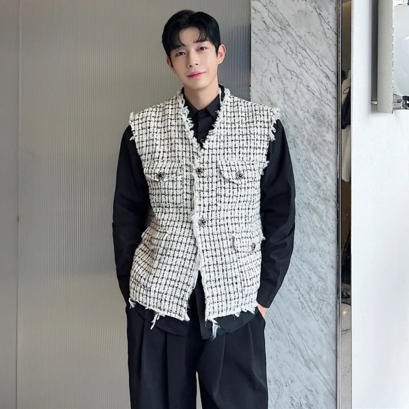 sanyamk Korean Style Coarse Tweed Vest Coat Trend Men Knit Burrs Casual Tank Tops Fashion Male Versatile Elgance Clothing 582acb