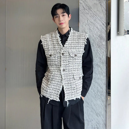 sanyamk Korean Style Coarse Tweed Vest Coat Trend Men Knit Burrs Casual Tank Tops Fashion Male Versatile Elgance Clothing 582acb