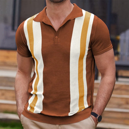 sanyamk Vintage Striped Patchwork Men's Knit Polo Shirt 2023 Spring Summer Casual Short Sleeve Lapel Button Tee Tops Men Clothes Fashion