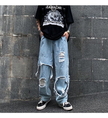 Bonsir High Street Dark Personality Destroys Raw Edge Fake Two Trendy Jeans Ripped Harajuku Punk Wide-leg Straight Denim Pants Black