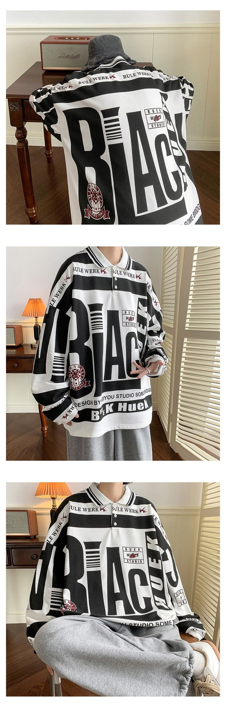 Bonsir New Trend Men's Lapel Sweatshirt Letter Print Hoodies Long Sleeve Couple Top Loose Fashion Street Boy Pullover Hip Hop Sweater