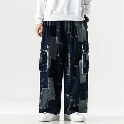 Bonsir Loose Straight Jeans Patchwork Cargo Big Pocket Pants Japanese Harajuku Streetwear