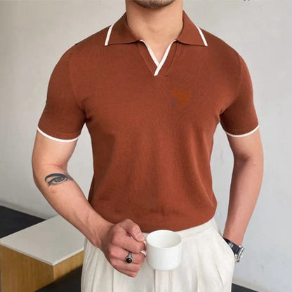 sanyamk Summer Clothing Men's Luxury Knitted Short Sleeve Polo Shirt Casual Lapel V Neck Solid Color Breathable Fashion Leisure Knitwear