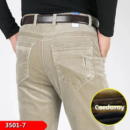 Bonsir Autumn and winter Pants Men Black Khaki Corduroy Business Casual loose elastic Straight pants thick trousers Male