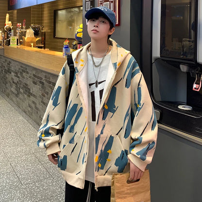 BONSIR  -  Men Korean Style Hoodies Vintage Printed Long Sleeve Oversized Hooded Sweatshirt Mens Casual Streetwear Hoodie Coats