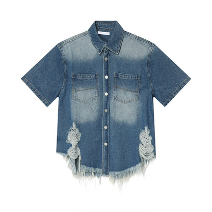 sanyamk High Street Men's Fashion Burrs Hole Denim Shirts Vintage Niche Desian Male Casual Short Sleeve Lapel Cardigan Coat