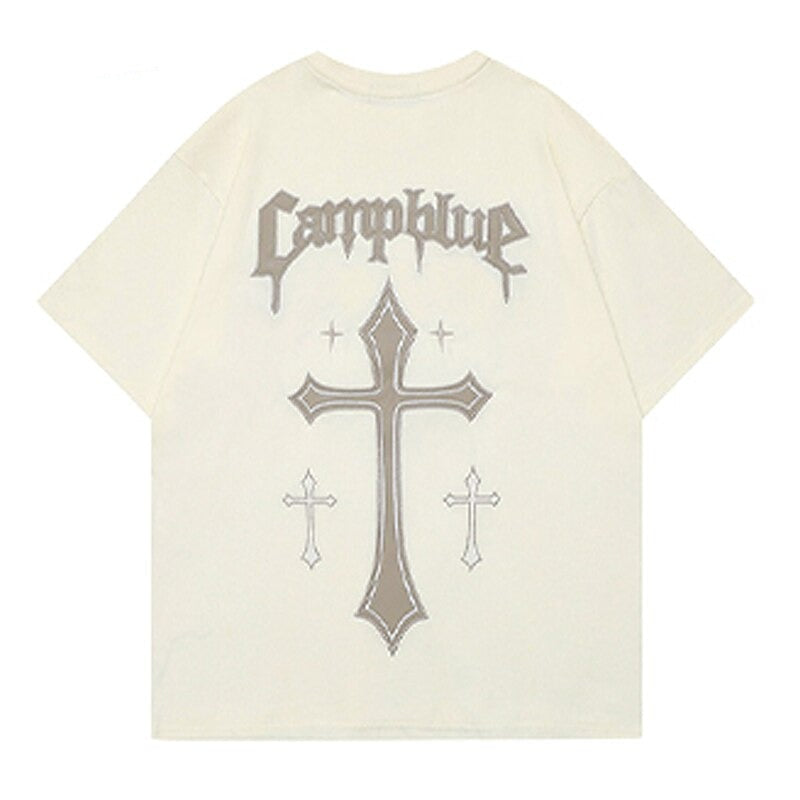 sanyamk 2022 New Arrival Top Fashion Summer Cotton O-neck Retro Heavy Print Short Sleeve Vintage Crucifix Gothic Personalized Tshirt