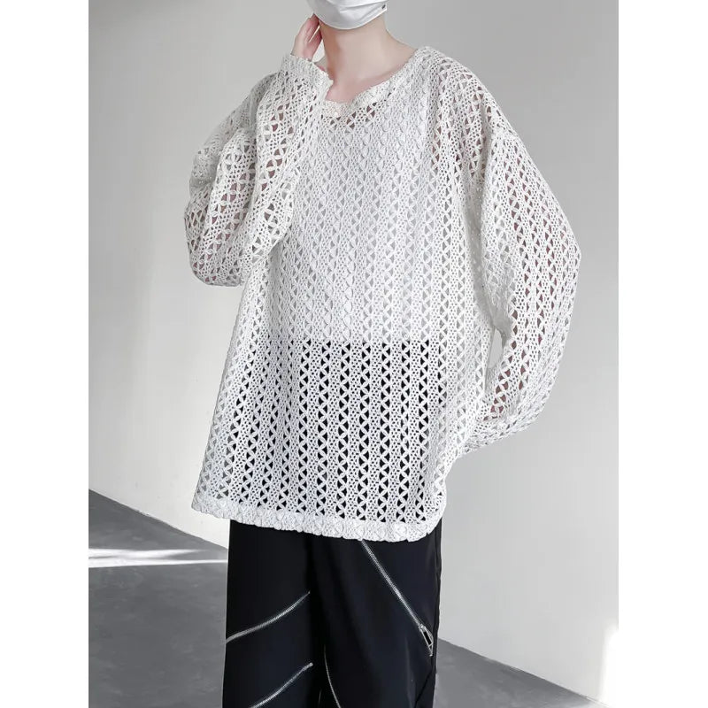 sanyamk Mens White/Black Hollow Tops Mesh Round Neck Loose Casual Long Sleeve T-shirt Men Hip Hop See-through Pullover Party TShirt